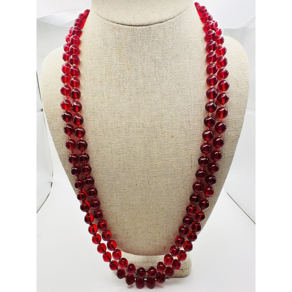 Antique Red Glass Knotted Bead Necklace 54”